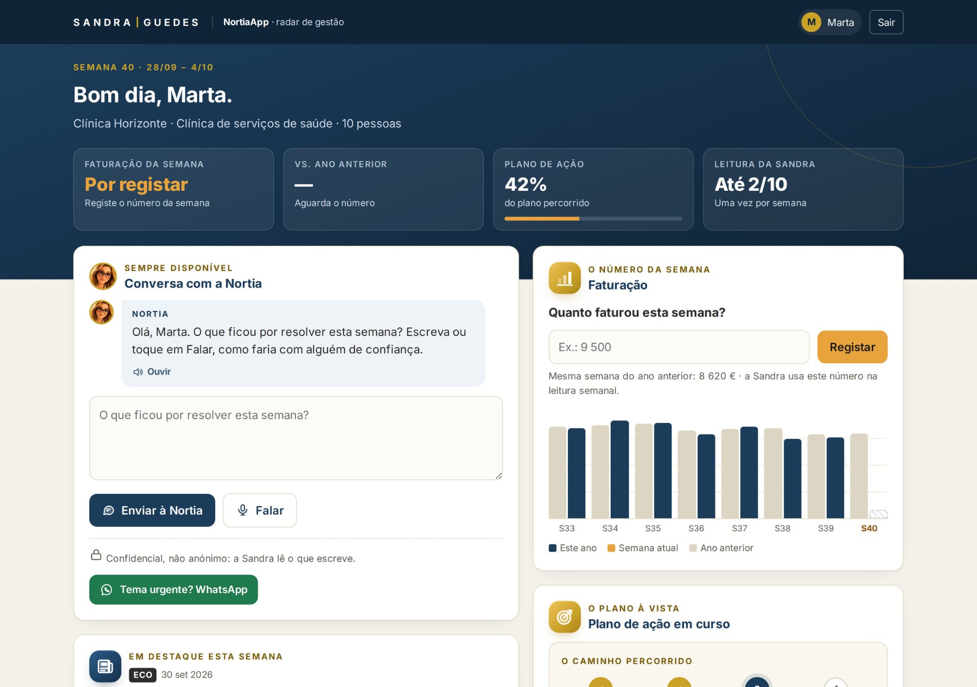 Área do cliente na NortiaApp, com conversa e indicadores de gestão